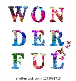 Colorful word wonderful lettering decoration. Calligraphy vector illustration. Wonderful inscription isolated. Typographic background