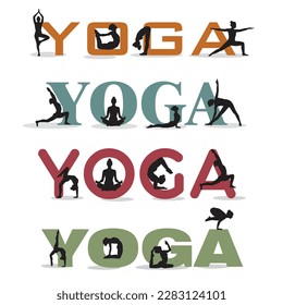 colorful word of yoga with woman silhouettes in yoga poses  . Vector illustration.