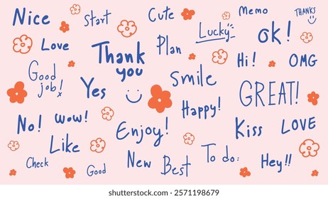 Colorful words like 'Thank you', 'Love', 'Smile', and 'Great' with cute flowers. Positive, cheerful, and motivational words. Happy and cute design. Colorful typography vector set.