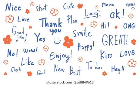 Colorful words and phrases like 'Thank you', 'Love', 'Great', and 'Enjoy' in blue and orange. Positive and cheerful words scattered with flowers. Colorful typography vector set.