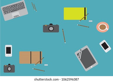 Colorful work desk And electronics.