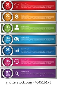 Colorful Workflow Layout,  7 Progress Steps With Metallic Color Design, Number/Business Icon and Text Information Design. Vector Illustration.
