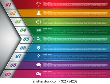 Colorful Workflow Layout, Arrow Symbol Design, 9 Options, Financial/Business Infographic, Number/Business Icon and Text Information Design. Vector Illustration.