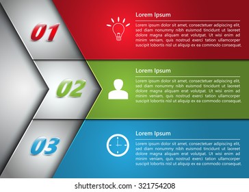 Colorful Workflow Layout, Arrow Symbol Design, 3 Options, Financial/Business Infographic, Number/Business Icon and Text Information Design. Vector Illustration.