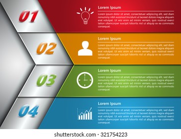 Colorful Workflow Layout, Arrow Symbol Design, 4 Options, Financial/Business Infographic, Number/Business Icon and Text Information Design. Vector Illustration.