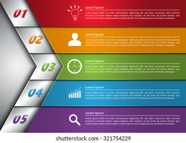 Colorful Workflow Layout, Arrow Symbol Design, 5 Options, Financial/Business Infographic, Number/Business Icon and Text Information Design. Vector Illustration.