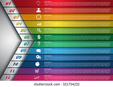 Colorful Workflow Layout, Arrow Symbol Design, 12 Options, Financial/Business Infographic, Number/Business Icon and Text Information Design. Vector Illustration.