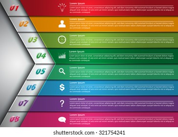 Colorful Workflow Layout, Arrow Symbol Design, 8 Options, Financial/Business Infographic, Number/Business Icon and Text Information Design. Vector Illustration.