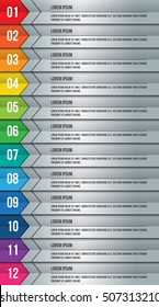 Colorful Workflow Layout, Arrow Symbol Design, 12 Options, Financial/Business Infographic, Number and Text Information Design. Vector Illustration.