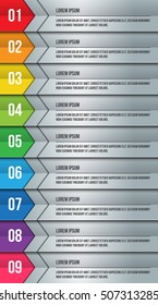 Colorful Workflow Layout, Arrow Symbol Design, 9 Options, Financial/Business Infographic, Number and Text Information Design. Vector Illustration.