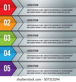 Colorful Workflow Layout, Arrow Symbol Design, 5 Options, Financial/Business Infographic, Number and Text Information Design. Vector Illustration.