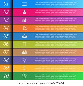 Colorful Workflow Layout, Symbol Design, 10 Options, Financial/Business Infographic, Number/Business Icon and Text Information Design. Vector Illustration.