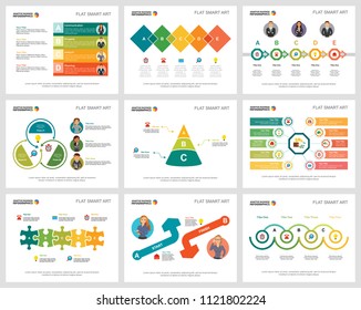 Colorful workflow or research concept infographic charts set. Business design elements for presentation slide templates. Can be used for financial report, workflow layout and brochure design.