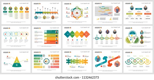 Colorful workflow or research concept infographic charts set. Business design elements for presentation slide templates. Can be used for financial report, workflow layout and brochure design.