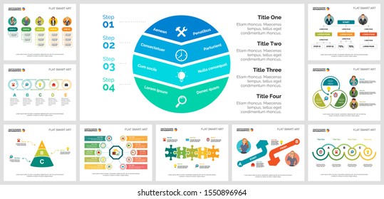 Colorful workflow or research concept infographic charts set. Business design elements for presentation slide templates. Can be used for financial report, workflow layout and brochure design.