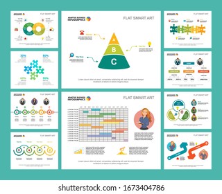 Colorful workflow or research concept infographic charts set. Business design elements for presentation slide templates. Can be used for financial report, workflow layout and brochure design.
