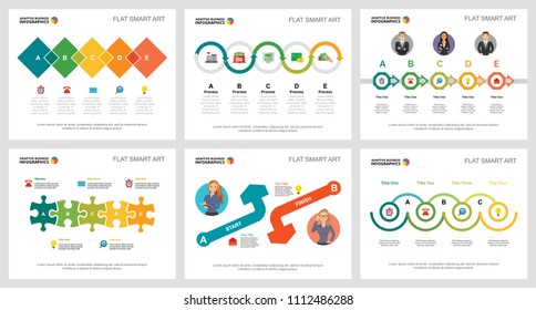 Colorful workflow or strategy concept infographic charts set. Business design elements for presentation slide templates. Can be used for financial report, workflow layout and brochure design.
