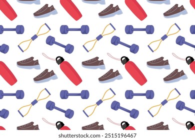 Colorful workout gear pattern with shoes, dumbbells, and water bottles for fitness lovers