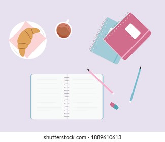 Colorful workplace concept. Top view of stylish, cute desk. Notebook, cup of coffee, notepads, pencils, eraser, croissant on plate. Modern, trendy vector illustration for web design and print.
