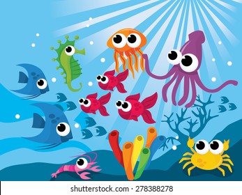 Colorful world of cartoon vector illustration of cute sea creatures.