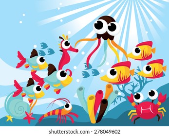 Colorful world of cute cartoon vector of creatures under the sea illustration.