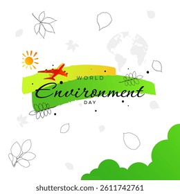 Colorful World Environment Day vector illustration with green and yellow brush strokes, airplane, sun, leaves, Earth map, and decorative eco elements, promoting sustainability and nature awareness