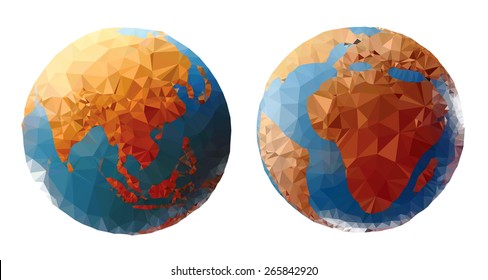 Colorful world globe showing the Asia and Africa continent, low poly vector illustration.
