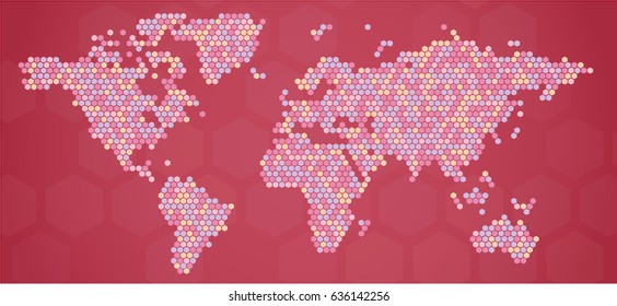 Colorful World map background with hexagon elements. Vector design illustration.