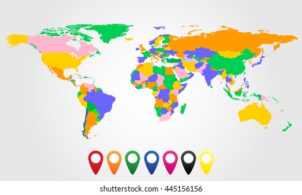 Colorful world map with colored markers. Vector illustration.