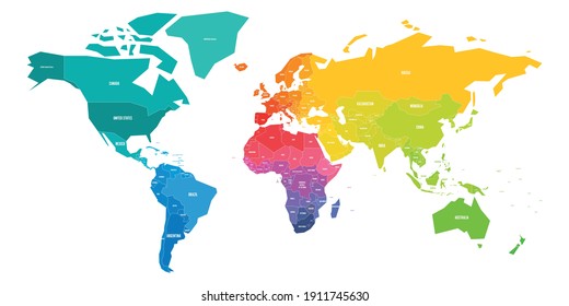 Colorful World Map in colors of rainbow spectrum. Each sovereign country in different color. Simple flat vector map with country name labels.