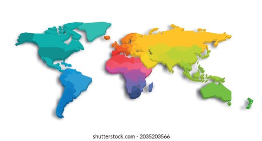 Colorful World Map in colors of rainbow spectrum. Each sovereign country in different color. 3D vector map with country name labels.