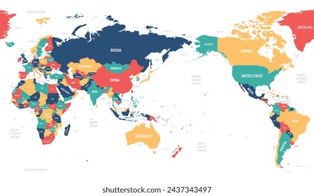 Mapa del mundo colorido completo con todos los nombres de países, fondo de pantalla del mapa del mundo, mapa de la educación, fondo de ilustración