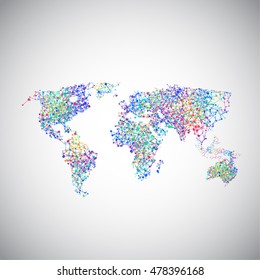 Colorful world map with connections on a grey background, vector illustration