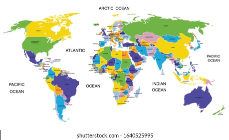 Colorful World map countries. High detail political map with country names. Vector illustration.