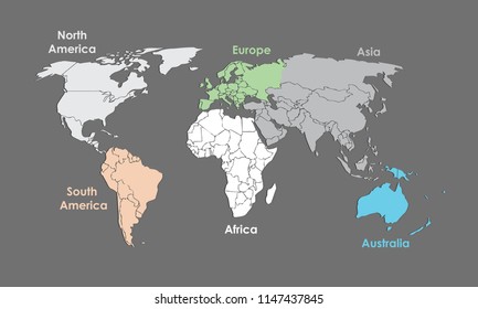 A colorful world map of different continents and colors vector illustration