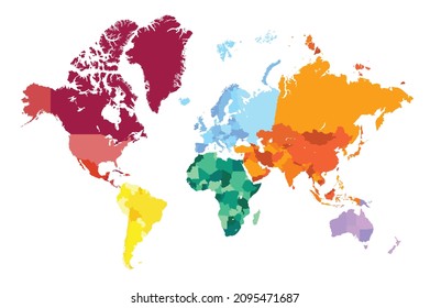 Mapa del mundo colorido. Mapa mundial dividido en seis continentes aislados en fondo blanco. Material vectorial