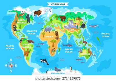 Mapa del mundo colorido con animales icónicos de cada continente y océano, estilo de dibujos animados sobre fondo azul. Concepto de hábitats globales de vida silvestre. Ilustración vectorial