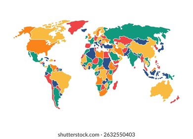 Ilustração colorida do mapa mundial destacando as nações globais por matiz e fronteiras