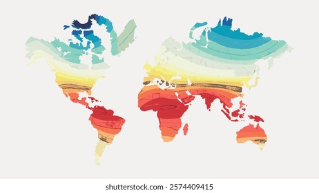 Colorful world map illustration with vibrant stripes. World map shows continents in rainbow hues. Artistic world map with colorful, vibrant design. Vintage illustration isolated on white, vector.