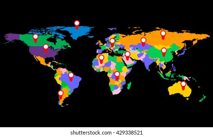 Colorful world map with markers, vector illustration.