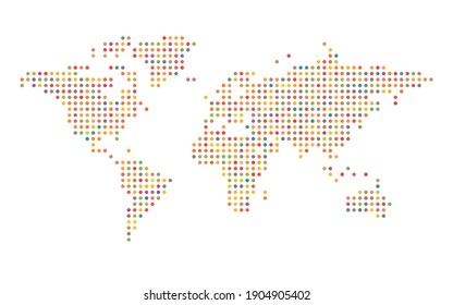 Colorful world map mosaic of small dots. Vector illustration.