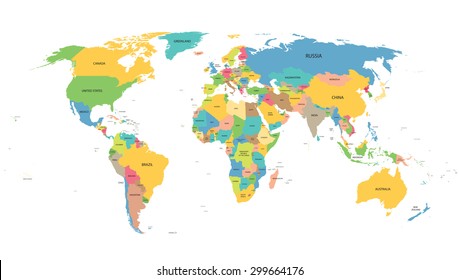 Colorful World Map With Names Of All Countries