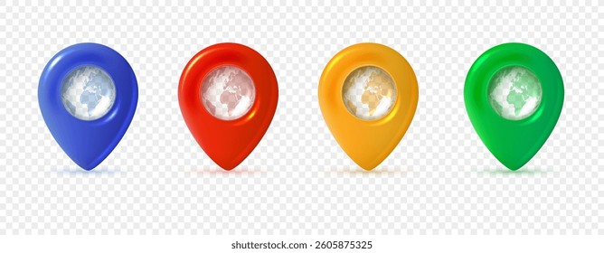 Colorful world map pins with globe inside, set of four in blue, red, yellow and green. Vector 3d illustration for location and navigation themes.