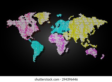 colorful World map pixel table illustration on black background. vector. dot. point, spot. tile mosaics. Dotted round colorful world map.