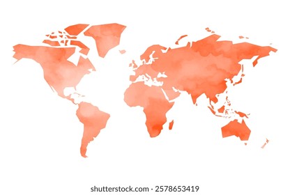 A colorful world map rendered in watercolor style using vibrant orange tones. This artistic representation highlights continents and oceans, blending creativity with geography.