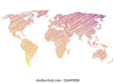 Colorful world map with scribble on a white background. Vector illustration