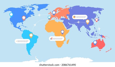 Colorful world map of the seven continents and planes traffic location information