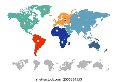 Colorful world map showing continents with location pins, emphasizing global connections and providing a visual representation of different regions