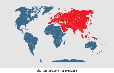 Colorful world map vector isolated on background. Eurasia template for pattern, report, inphographics, banner, backdrop. World map templates, patterns. Global worldwide travel trip.