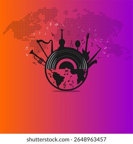 Colorful world music day poster featuring a vinyl record globe with musical instruments and notes on a gradient background. Perfect for music festivals, events, and promotional materials.
